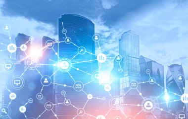 Cityscape arka plan üzerinde mavi parlak iş ağ kutsal kişilerin resmi. Sürükleyici arayüzü ve küresel ağ. Tonlu görüntü pozlama sahte katlayın