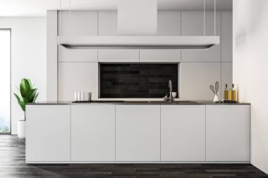 Beyaz duvar mutfak iç ile karanlık bir ahşap zemin, beyaz odaları ve tezgah ve lavabo ile bir ada. 3D render alay