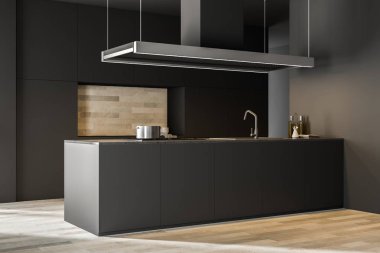 Gri duvar mutfak köşe bir ahşap zemin, gri dolaplar ve tezgah ve lavabo ile bir ada. 3D render alay