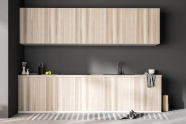 Ahşap Mutfak tezgahları bir Ocak, mutfak eşyaları ve onları şişe. Bir dizi üzerinde gri bir odasında asılı dolaplar. 3D render alay