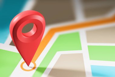 Büyük bir kırmızı işaretçiyle hedef noktası gösterilen şematik parlak harita. Gezinti, hedef ve Gps. 3d kadar sahte işleme bulma kavramı