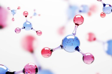 Mavi ve kırmızı molekül atom ızgara beyaz arka plan üzerinde. Bilim, Dna, biyoteknoloji kavramı. 3d render alay kadar bulanık