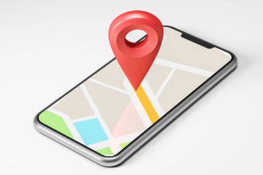 Rota ve hedef gösteren merkezinde büyük bir kırmızı işaretçiyle şematik parlak harita üstünde belgili tanımlık smartphone perde üzerine gelin. Gezinti, hedef ve Gps. 3d kadar sahte işleme bulma kavramı