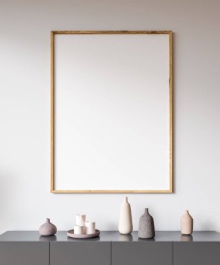 Ahşap çerçeve dikey poster vazolar ve bir beyaz salon iç şişelerde gri bir dolap yukarıda asılı. 3D render alay