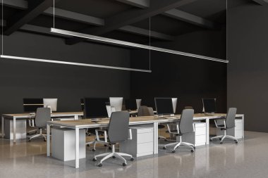Sanayi tarzı ofis Gri duvarlar, beyaz parlak zemin ve bilgisayar tabloları satırları köşesinde. İş ve finans. 3D render alay