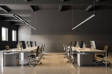 Sanayi tarzı ofis iç Gri duvarlar, beyaz parlak zemin ve beyaz kasa ayakta bilgisayar tabloları satırları. Yan görünüm iş ve finans. 3D render alay