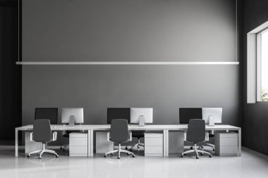 Sanayi tarzı ofis iç Gri duvarlar, beyaz parlak zemin ve bilgisayar tabloları satırları. Önden Görünüm iş ve finans. 3D render alay