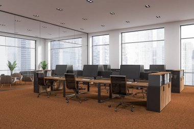 Beyaz duvarları, panoramik pencerelere, kahverengi halı ve ahşap bilgisayar tabloları satırları ile modern bir şirket ofisi açık alan. İç tasarım. 3D render alay