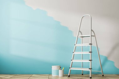 Boş oda iç ahşap zemin ve bir buçuk ile mavi duvar boyalı. Bir merdiven ve teneke boya. 3D render alay
