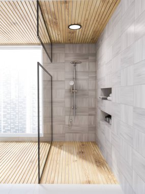 Beyaz ahşap duvarlar ve zemin ve bir cam duvar duş kabini ile banyo iç. Raf havlu ve şampuan ile. Yan görünümü. 3D render