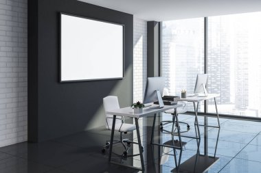 Siyah ve beyaz tuğla duvarlar, gri karo zemin, bilgisayar masası ve yatay bir poster ile minimalist office köşe. 3D render alay