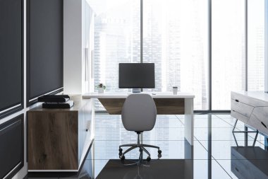 Şık Yöneticisi office iç ahşap bilgisayar tablo konumu bir gri paneli odada döşenmiş bir katta olan. Çatı penceresi. 3D render alay