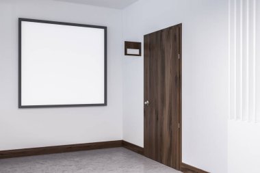 Boş otel veya iş merkezi koridor ile kapalı ahşap kapılar, beyaz duvarlar ve beton zemin. Kare poster çerçevesi. Yan görüntülemek 3d render sahte