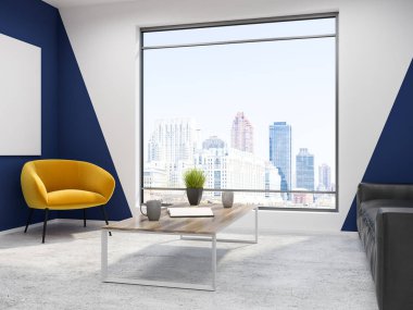 Modern ofis bekleme yeri beyaz ve mavi duvarlı, beton zemin, sarı bir koltuk ve bir sehpa çatı. Lüks salon iç. 3D render alay