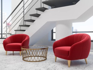 Modern ofis bekleme odası beyaz duvarlı, beton zemin, bir merdiven ve iki yumuşak kırmızı koltuk sehpa yanında duran çatı. Lüks salon iç. 3D render sahte kadar yakın çekim