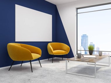 Modern ofis bekleme yeri beyaz ve mavi duvarlı, beton zemin, iki sarı koltuk ve bir sehpa çatı. Lüks salon iç. Yatay poster 3d render alay