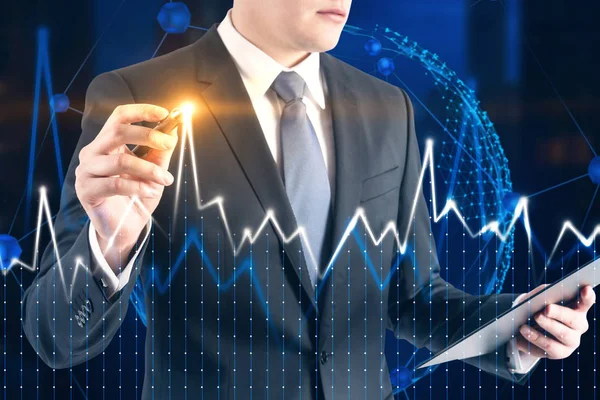 Unrecognizable Businessman Looking Tablet Drawing Forex Graph Global Interface Network — Stock Photo, Image