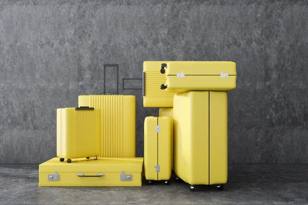 すべての黄色のスーツケースのスタック サイズし コンクリートの壁の近くのコンクリートの床の上に立ってを形成します 仕事と喜びのために旅行のコンセプトです レンダリングをモックアップします — ストック写真