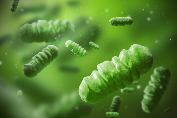 Abstract green bacterium over blurred green bacteria background. Concept of medicine, healthcare and science. 3d rendering mock up
