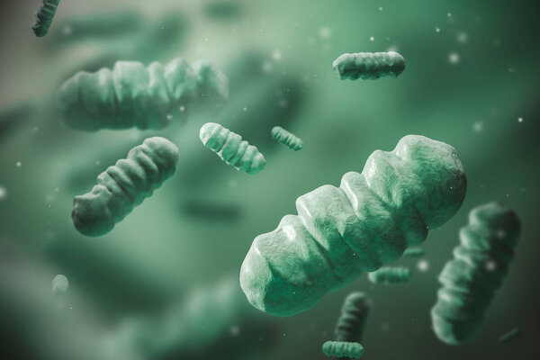 Abstract dark green bacterium over blurred green bacteria background. Concept of medicine, healthcare and science. 3d rendering mock up