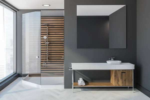 Badezimmer Skandinavischen Stil Mit Grauen Wänden Einem Weißen Holzboden Einem — Stockfoto