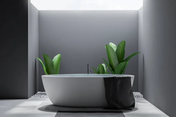 Luxury Bathroom Interior Grey Walls Gray Tiled Floor White Bathtub — Stock Photo, Image