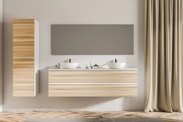 Dwie Umywalki Stojąc Drewnianą Półkę Łazience Białe Ściany Drewniana Podłoga — Zdjęcie stockowe