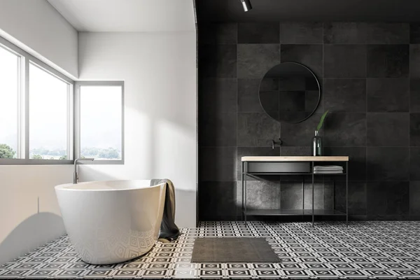 Bathroom Interior Grey Tile Walls Tiled Floor Bathtub Large Window — Stock Photo, Image