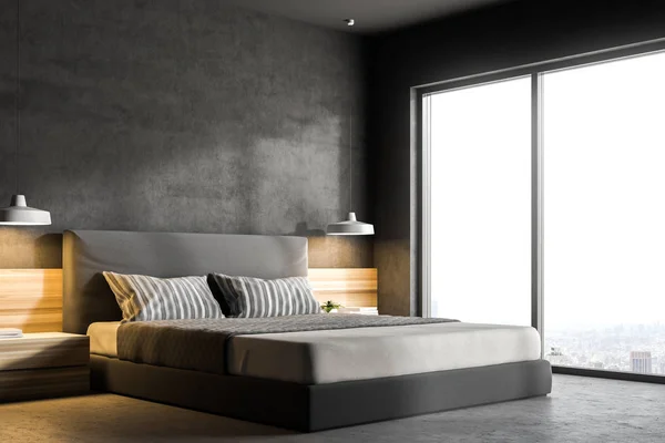 现代卧室的一角 有灰色的墙壁 一层混凝土地板 一张双人床和两个床头台灯 阁楼窗口与风景 渲染模拟 — 图库照片