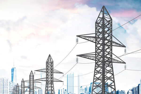 Row of high voltage steel power line supports over a cloudy sky. Modern cityscape background. 3d rendering mock up