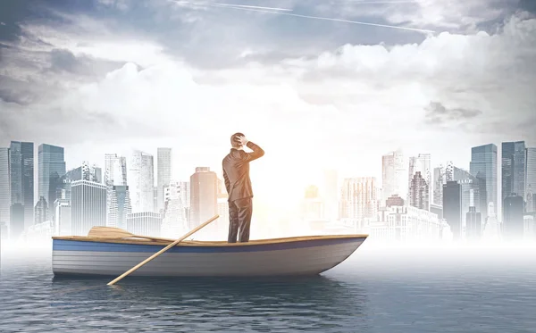 Confused businessman scratching his head standing in boat in ocean looking at foggy cityscape. Conept of being lost and finding your way in business. Toned image double exposure mock up