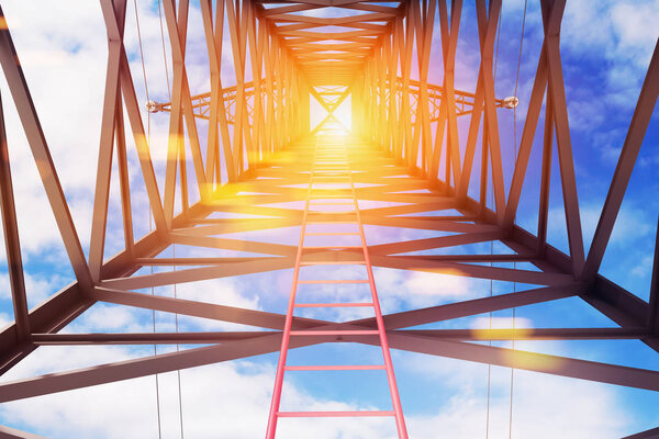 Red ladder inside a huge power line support as seen from the ground. Blue sky with clouds. and sun Concept of growth in business and life. 3d rendering mock up