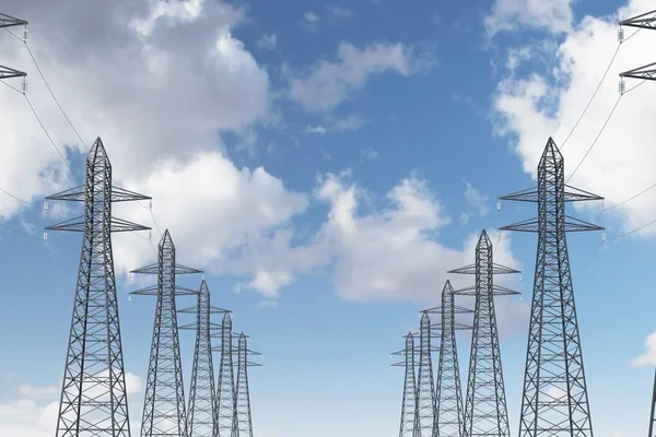 高電圧鋼電力線の行は多くの雲と青い空をサポートしています レンダリングをモックアップします — ストック写真