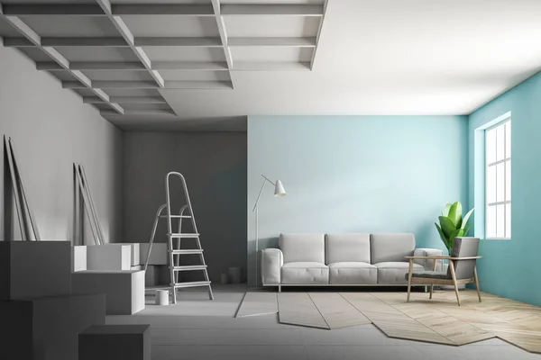 Interior Sala Estar Azul Con Sofá Blanco Durante Proceso Renovación — Foto de Stock