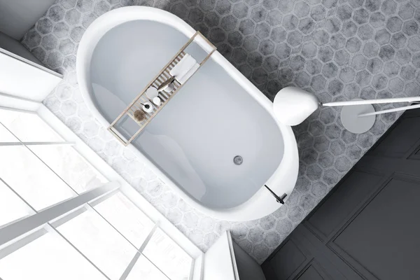 Die Elegante Weiße Badewanne Mit Wasser Steht Einem Luxuriösen Badezimmer — Stockfoto