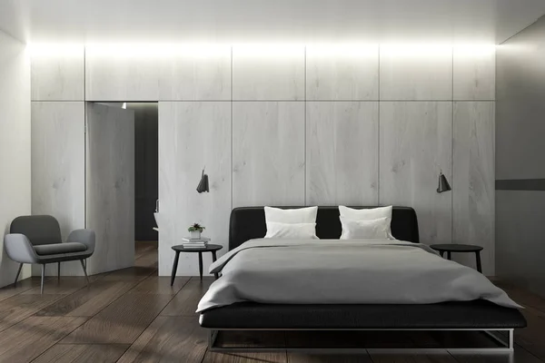 Beyaz Ahşap Duvarlar Skandinav Tarzı Yatak Odası Bir Karyola Başucu — Stok fotoğraf