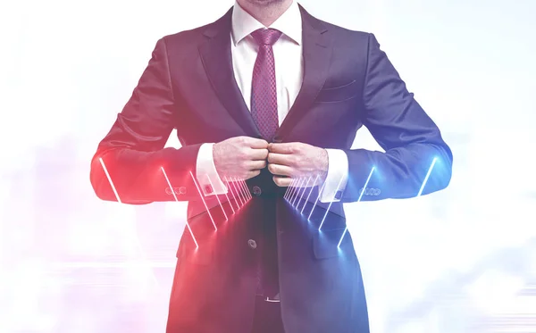 Unrecognizable Businessman Buttoning His Suit Long Tunnel Neon Lights Concept — Stock Photo, Image