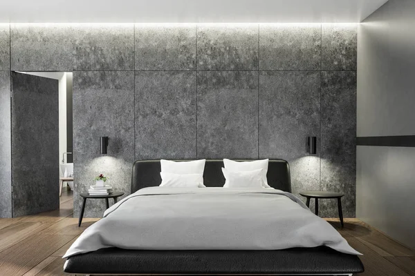 Front View Scandinavian Style Bedroom Concrete Walls Wooden Floor Master — Stock Photo, Image