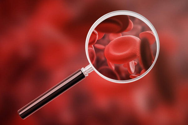 Red blood cells macro seen through magnifying glass over red eritrosit background. Concept of blood cells count, medicine and healthcare. 3d rendering mock up