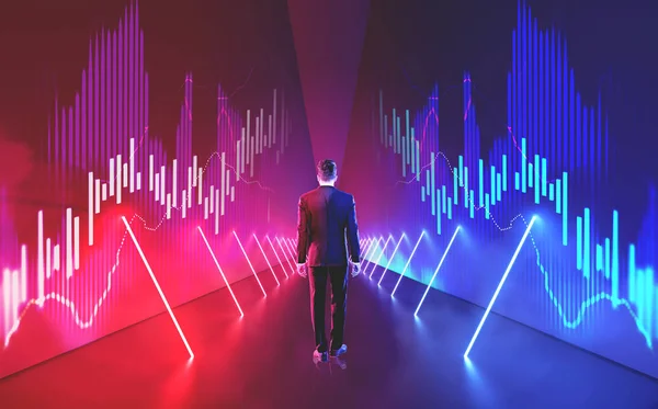 Rear view of a businessman in suit walking inside a hexagonal corridor with red and blue neon lights along the walls. Futuristic interior. Graphs Toned image double exposure mock up