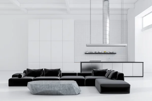 Black Sofas Standing Slate Table Studio Apartment White Walls Concrete — Stock Photo, Image