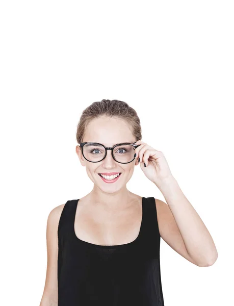 Portrait Tête Épaules Une Jeune Femme Joyeuse Touchant Ses Lunettes — Photo