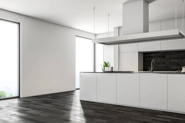 White wall kitchen interior with a dark wooden floor, white closets and countertops and an island with a sink. Side view. 3d rendering mock up