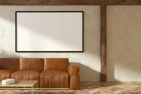 米色简约起居室内有一层木地板 一张棕色的真皮沙发站在茶几旁边 渲染水平模拟海报框架 — 图库照片