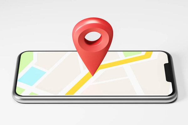 Яркая карта с большим красным указателем в центре, показывающим маршрут и пункт назначения на экране смартфона. Концепция навигации, поиск цели и GPS. 3D рендеринг макет

