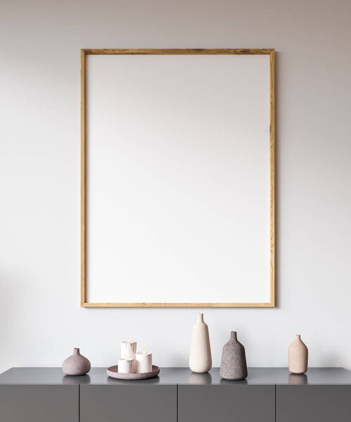 Деревянный вертикальный постер над серым шкафом с вазами и бутылками в интерьере белой гостиной. 3D рендеринг макет
