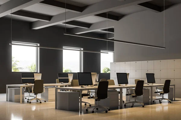 Industrial style office corner with gray walls, a white glossy floor and rows of computer tables standing along white lockers. Business and finance. 3d rendering mock up