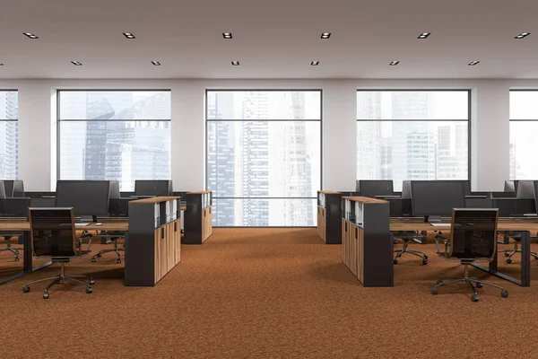 Open space office of a modern company with white walls, panoramic windows, brown carpet and rows of wooden computer tables. Front view 3d rendering mock up