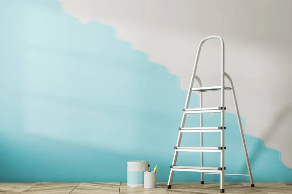 Quarto Vazio Interior Com Piso Madeira Uma Parede Azul Meia — Fotografia de Stock