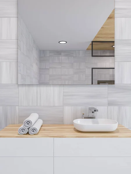 Lavabo Baño Con Espejo Vertical Colgado Una Pared Madera Blanca — Foto de Stock